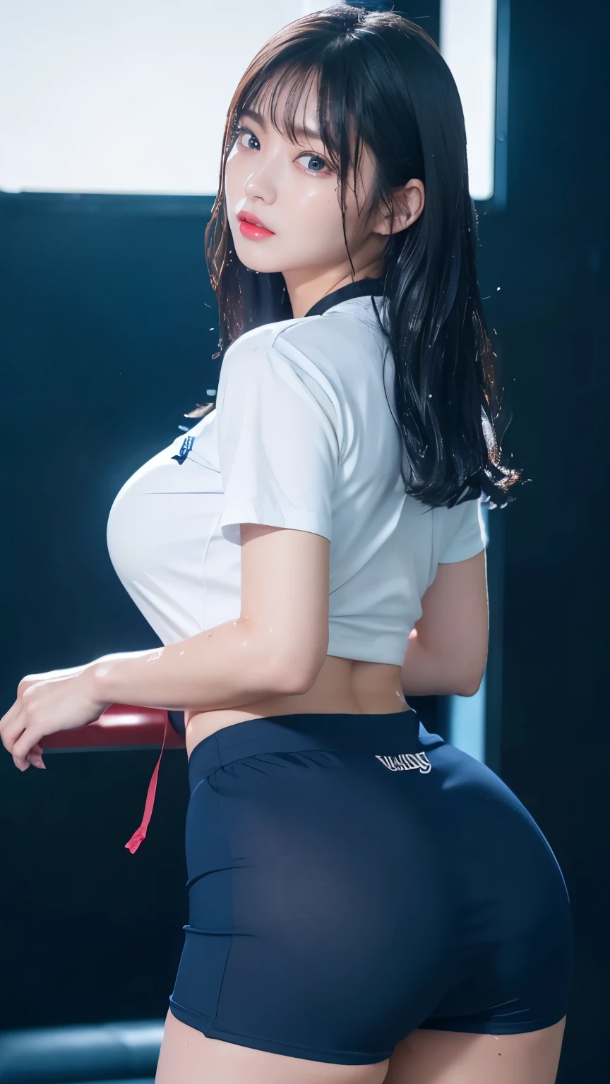 8k, masterpiece, original photo, best quality, lifelike, Extremely detailed CG unified 8k wallpaper, Depth of Field, light, lens flare, Ray Tracing, (Extremely beautiful face, Beautiful lips, beautiful eyes), Delicate face, ((Super delicate skin)) 1 girl, whole body, Large Breasts, in the darkness, Deep Shadow, Beautiful Korean girl, Hallyu idol,(非常Slim、Slim、Muscular body), ((Looking at the audience)),(big Smile), (Fashionable city night scene, (Neon), (Blurred background), midnight, (empty city), (No one in the background), Beautiful Korean girl, White Diamond Earrings, Diya Bracelet, Deya Necklace, Clear eyes, Walk , front Photo, (Pale skin), Facing forward, (big eyes), ((Upper body shot)), (Baseball cap), ((Red Twelve)), (Camel toe, shape), ((t-shirt, it says &References;Look back&References;)), (Ponytail) (Looking at the audience), ((Smile))
