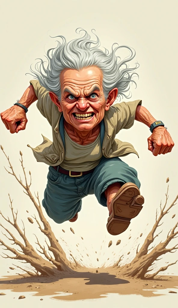 dynamic scene. The crazy old ufoman laughs, smiles and walks straight at you with outstretched arms. Tousled long gray hair sticking out in all directions. Dirty and old clothes. Warm pastel washed out colors. Close-up Disney Pixar Cartoon style Photorealistic Cinematic. Dark Blurred background Fantasy Light haze --auto --s2