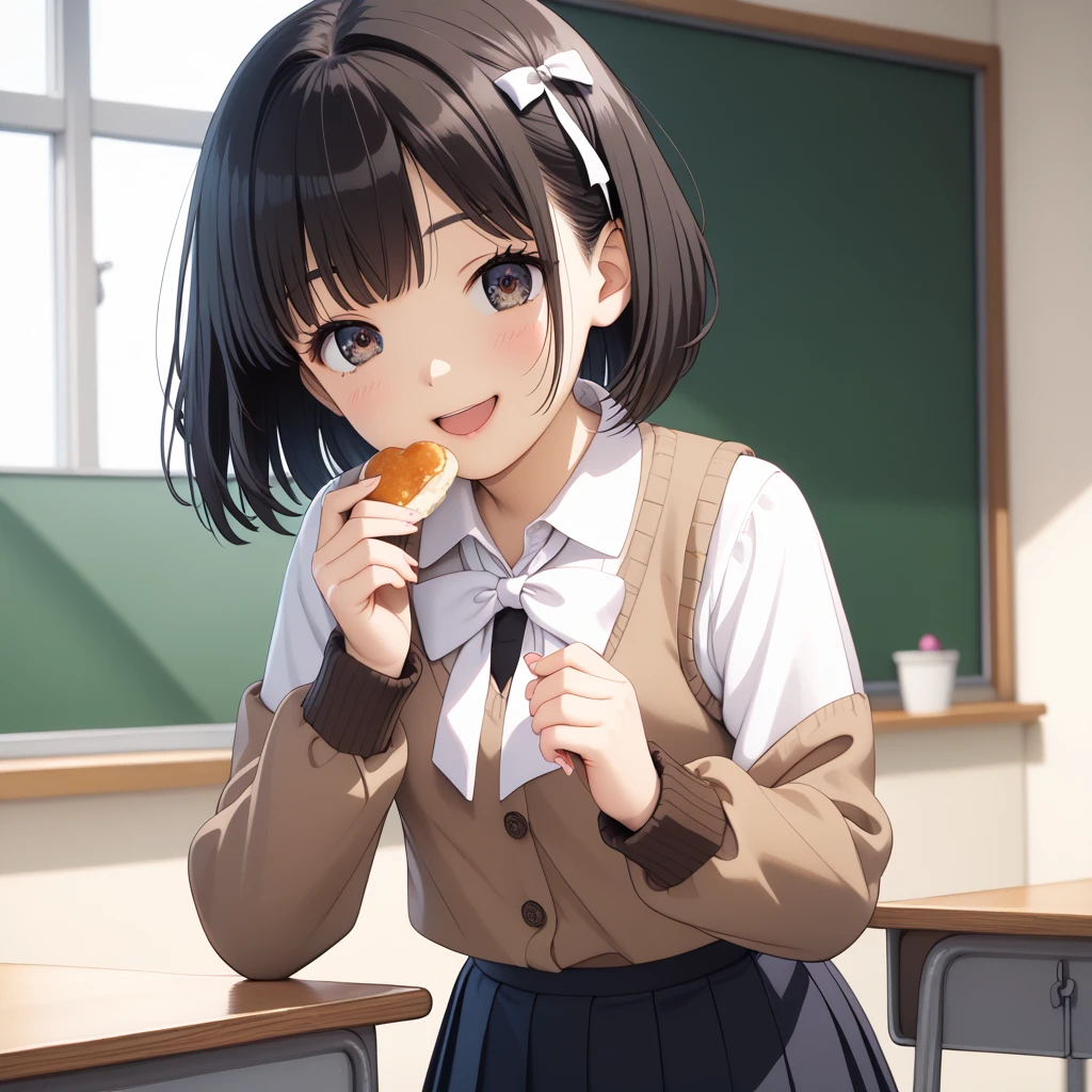 Holding a sausage with one hand, facing the sausage and preparing to eat it, a Japanese girl kneeling in elementary school realistic character has big breasts
