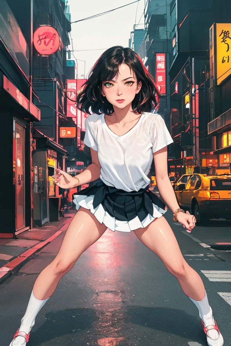 blacklight, (beautiful young Korean woman, with white hair in a braided ponytail, wearing a white tennis skirt, wearing white and pink shoes, wearing a pink shirt, toned stomach, showing midriff, dynamic pose, action scene, nighttime, dramatic lighting, star-filled sky), photorealistic, photorealism, 8k, RAW photo, highest quality, masterpiece, ultra-high resolution, physics-based rendering, best shadow, best illustration,