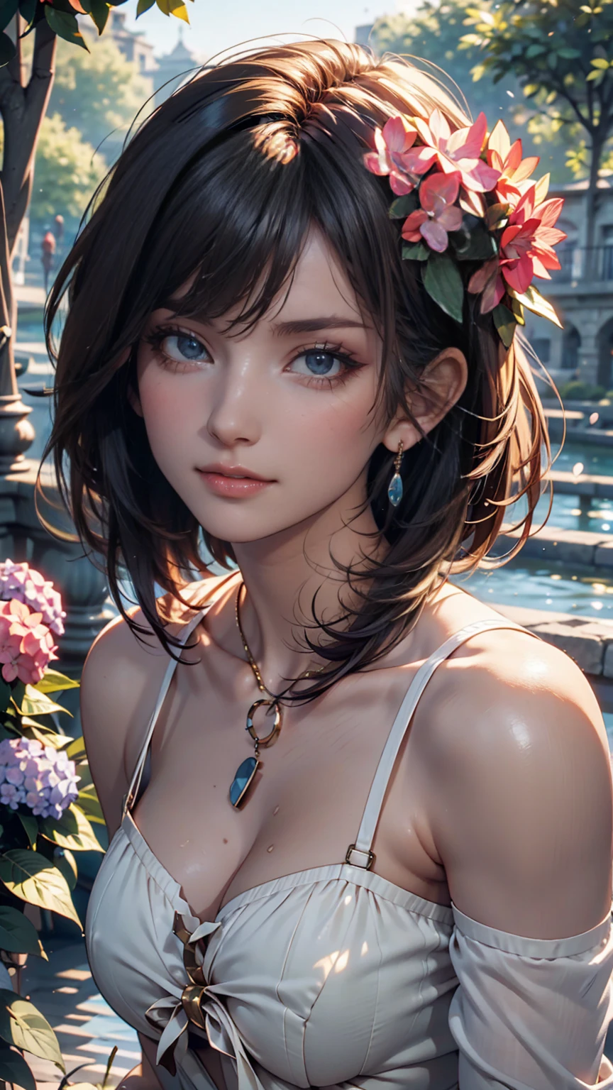 A playful and beautiful, delicate portrait of a girl with a boyish short haircut, Black Hair, Emerald Green Sea, Mischievous Smile, Dancing Petals, (Highest quality, masterpiece, Ultra-realistic) Floating petals in the background