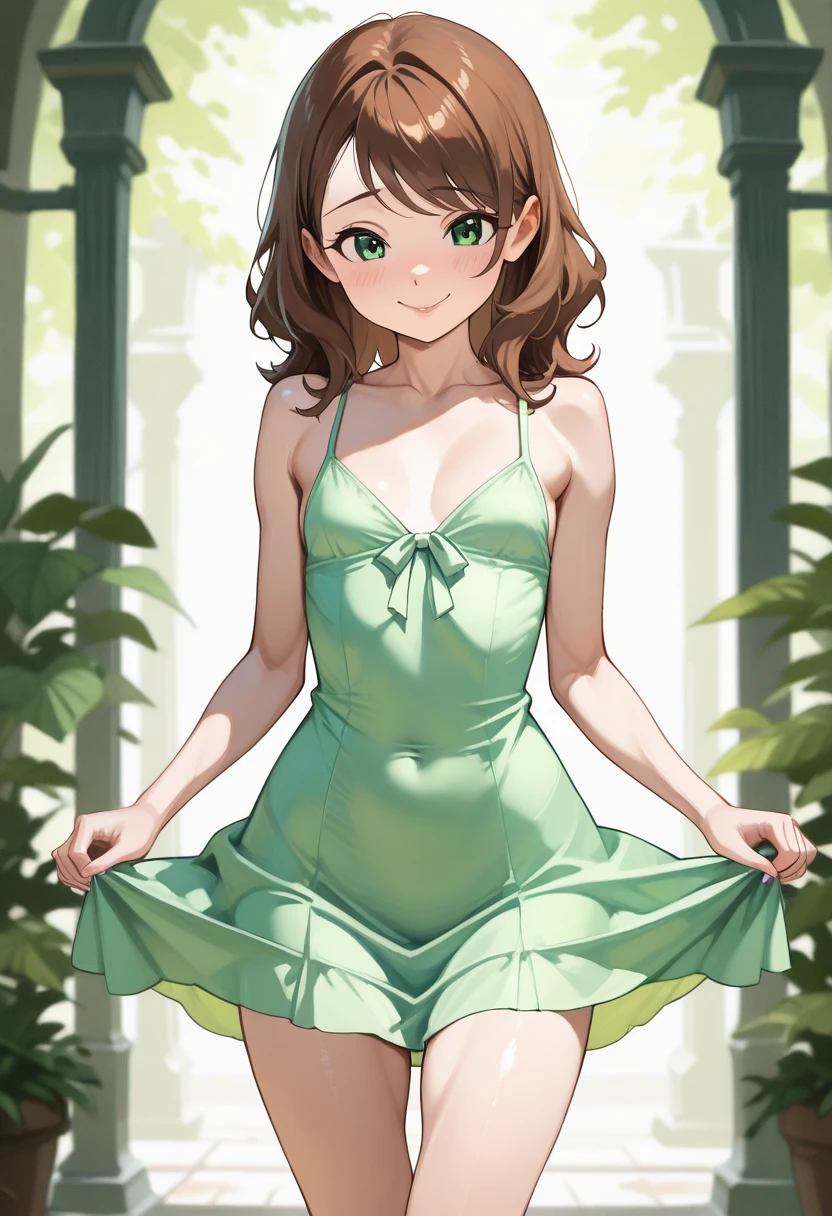 score_9, score_8_up, score_7_up, 1girl, solo, Shaggy Rogers, (female:1.5), female focus, female body,brown hair, long hair, green blouse, bare shoulders, breasts, ((brown skirt)), black under blouse, brown thighhighs, blushing, looking down, dressing room
