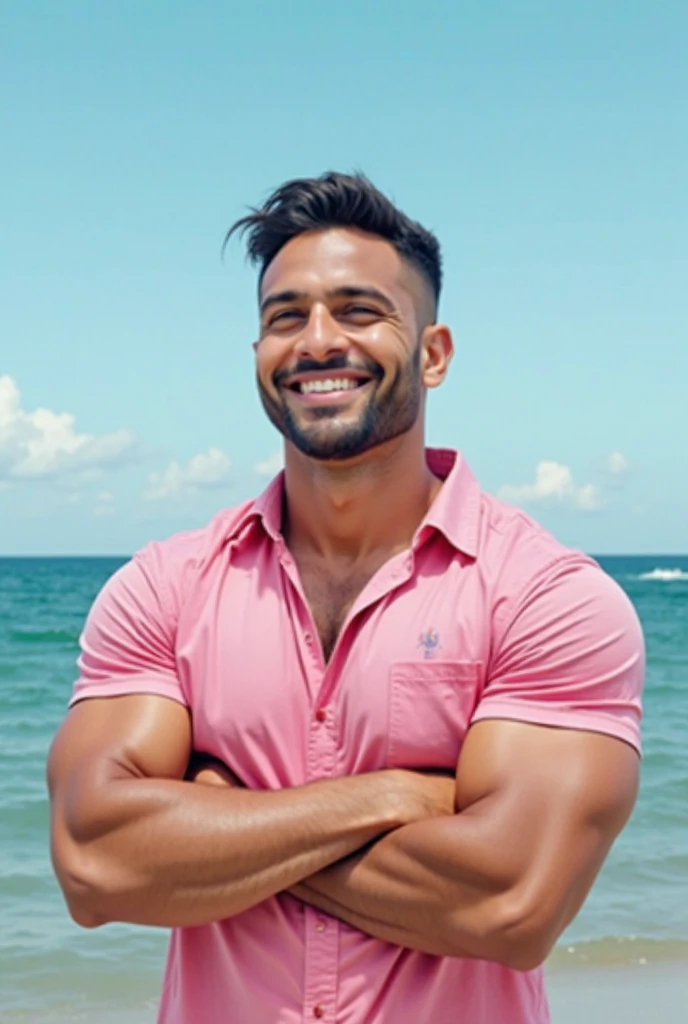 A handsome young man with a beautiful, thin, white face, fair and smooth skin, shirtless, wearing a pink swimsuit, short black hair, on a catwalk at a men's beach party, holding a beach ball in his hand, the audience applauding and celebrating with bubbles. A tall, thin, white, shirtless man.