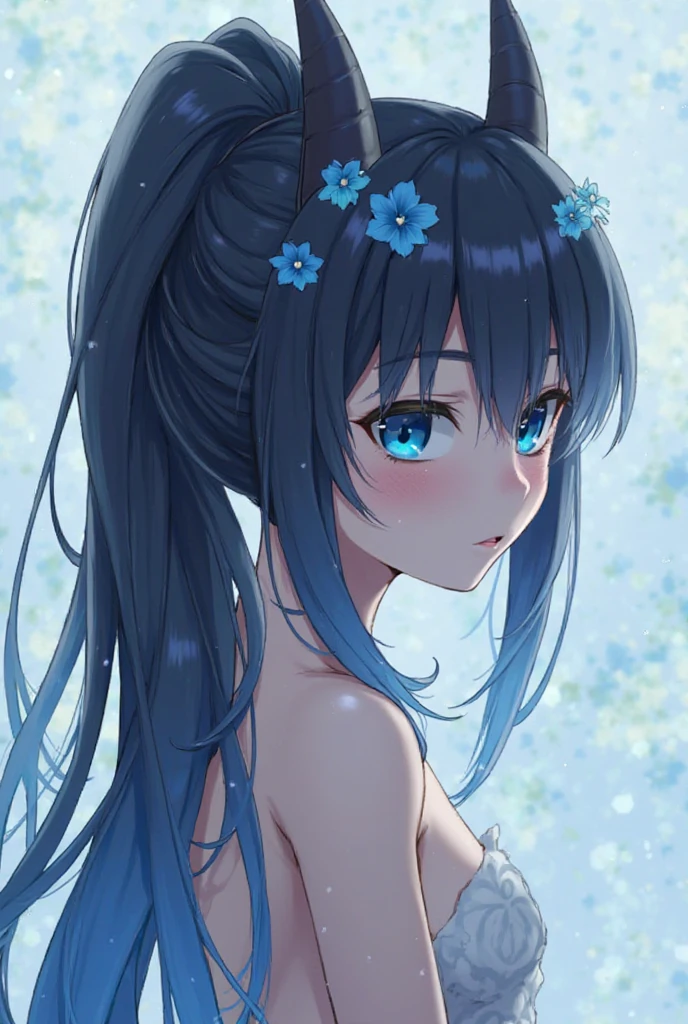 4K,8K,(masterpiece), (Highest quality), (Very detailed), (Disheveled Hair), (figure), (Cat ear girl), (topless), Are standing, Fashion Model, Looking at the audience, (interview), (Simple Background), Beautiful and beautiful eyes, Delicate and beautiful face, floating, (High saturation), (topless), topless, (shine), Focus on the face, ponytail, Ayaka Kamisato, Light blue hair, bangs, Hair Ring, floating flowers, floating hair, (The Shining), Best lighting, Best Shadow, topless