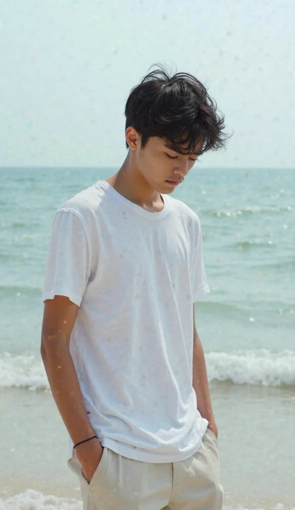a 19-year-old boy,disheveled black hair,white t-shirt,white linen pants,The sea,small shapes in the background,photographic portrait,white skin,realistic,4k,ultra detailed,studio lighting,sharp focus,physics-based,professional representation,vivid colors,bokeh, head down ,