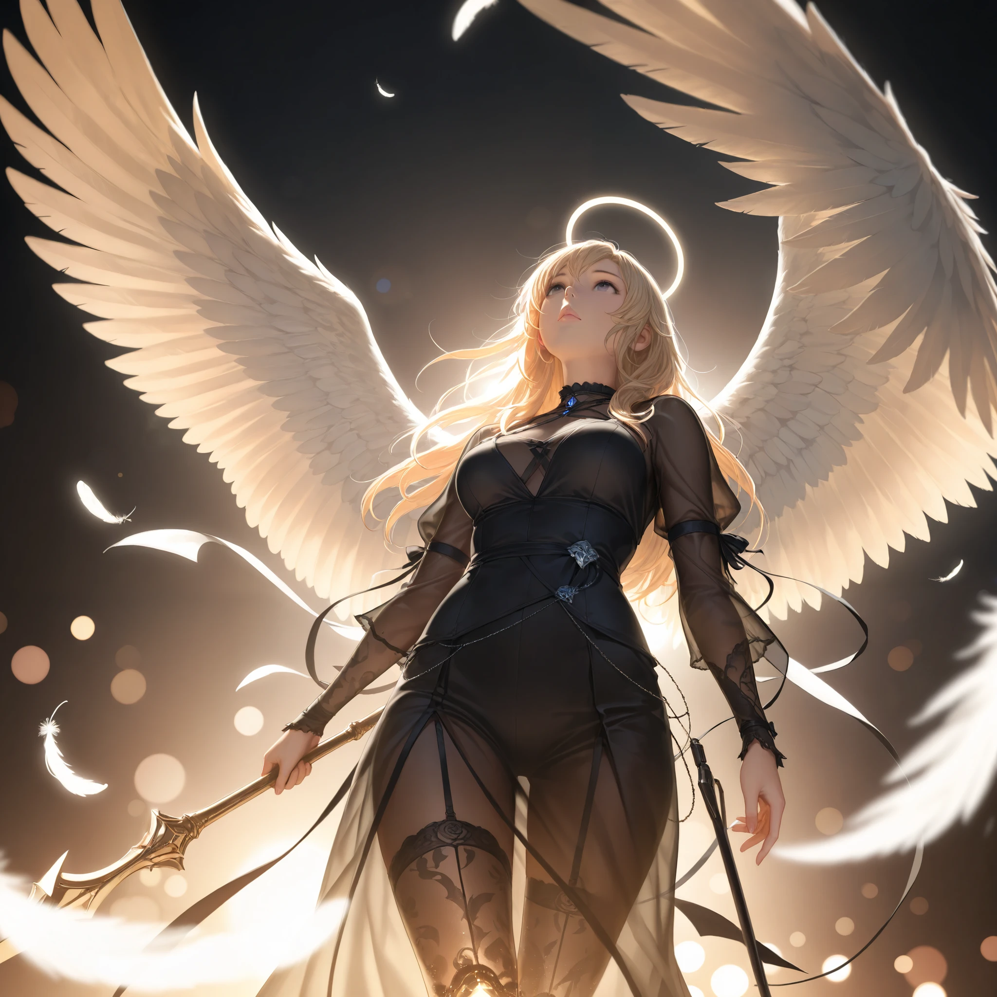 Angel Wings,backlight,viewers,Angle Looking Up From Below,Feathers fluttering,SEE-THROUGH,Thin, transparent legs,white_gothic_,multiple_Wings,rest,v_weapons, Exquisite Details ,4K,High Resolution,realistic,HDR,Studio Lighting,extreme detail,professional ,Brilliant Colors, bokeh effects , dark,Mysterious,elegant,Dark Fantasy