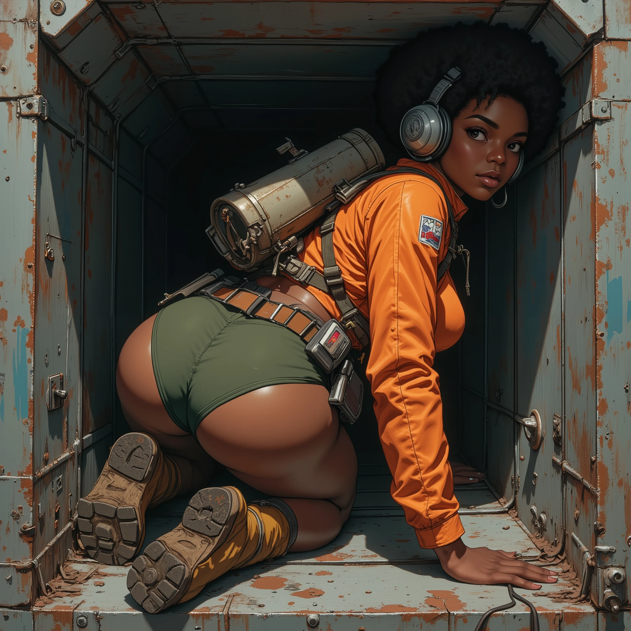 Imagine a daring space adventurer crawling through a tiny metal air duct, the space is tight and claustrophobic and square shaped. she is a African woman space adventurer in an orange space suit top with long sleeves that covers her arms and upper chest, her midriff and thighs are bare. she has large firm breasts. wearing her hair in an afro. she wears dark green panties, the dark green panties hug her curves and are tight enough to create skin indentations at the edges. Her legs are bare. she wears a heavy utility belt full of tools and gadgets. On her feet are rugged hiking boots with thick tread. Show her from behind on her elbows and knees, looking over her shoulder at the viewer with a curious expression. her thick bare thighs are exposed to the air, the tiny panties barely covering her voluptuous curves. ahead of her the tunnel is dark. her legs are pressed together and bent low, exposing her puffy mound through the green panties. Capture her from a low angle with a clear view of her ass and crotch, her tight green panties stretched by her big round ass, her ass is up high