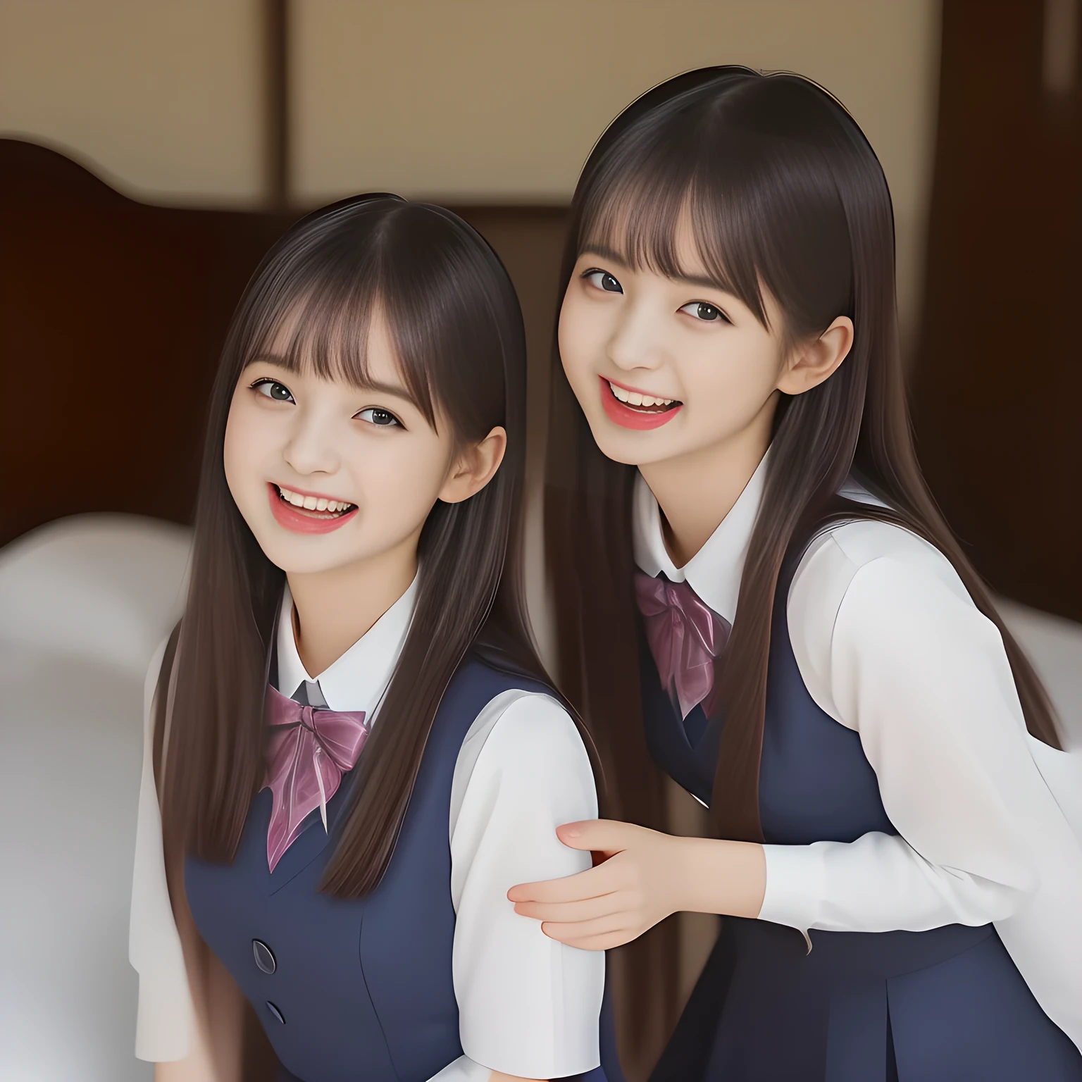 (highest quality, masterpiece, high resolution:1.2), 4K, (Photo quality detailed foreground: 1.2), geometry, (Two succubi of Cute noble beautiful slender girl girly very-long-hair Japanese photo model are lying on a gorgeous lascivious grand bed and looking at the viewer with her too beautiful eyes like laughing fashion model: 1.3), (Using expensive face-whitening cosmetics to make her skin more beautiful and pure by professional makeup artist: 1.5), (devious girlish fascinating laughter in bliss, devious girlish pose: 2.0), Laughing cutely, ((Dark blue) Japanese school girly vest Uniform with neat girly light-yellow short-sleeves school blouse, puffed short sleeves: 1.2), (white socks and school loafers, kicking back: 1.5), (Dark red glossy glossy school ribbon on the breast: 1.0), (Extremely laughing cheeks: 1.8), (Beautiful light-amber large clear open eyes with balanced and detailed cutely: 1.4), (double eyelids: 1.0), (highly curled bangs: 1.2), (Expressing the greatest joy with her whole body: 1.2), (Glossy lips: 1.0), (too long very straight hair reaches her hips: 1.7), (cute earrings), (making the viewer crazy with her beautiful hands: 1.6), (white and clear skin: 1.0), (Laughing yo cute princess's eyes looking at me: 0.8), (Very shy, cute, slender, pretty, pretty, too girly & Girlish:  National Beautiful Girl Grand Prix winners: 2.0), (Everything is organized to have strong effect of hypnosis for the viewer to fall into happy dream with many beautiful girls: 1.5), (The viewer must be transferred to the world of only beautiful girls right now when he sees the eyes of girls in the picture: 2),(Tight waist, slender: 1.5), (The girls know well about the viewer's super fetishism for school uniforms, and satisfies it completely: 1.7),
