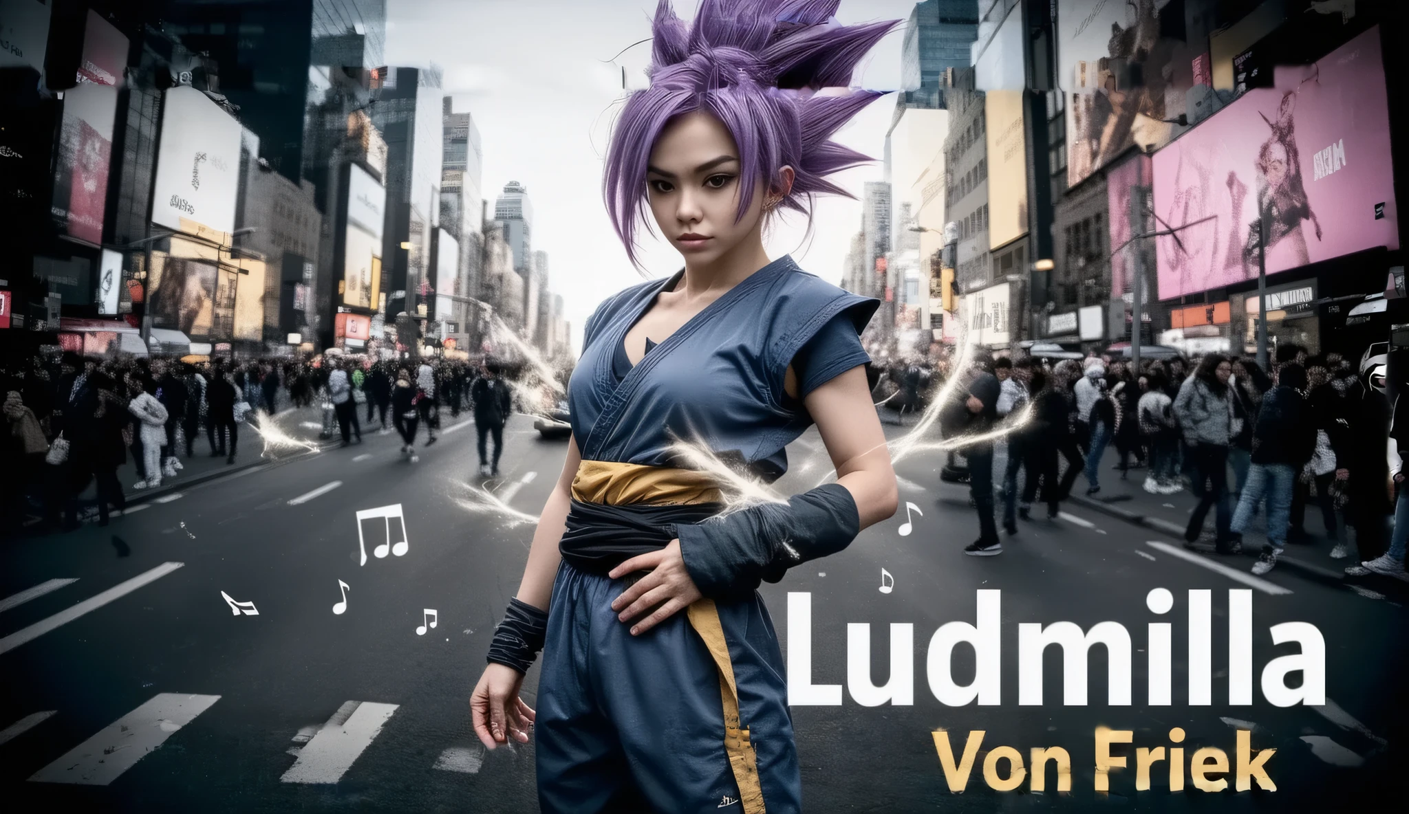 A modern and vibrant Facebook cover for Ludmilla Von Friek. In the center, Ludmilla appears with a powerful and stylish look, wearing an iconic character cosplay (like Goku or an anime character) and a streetwear look at the same time. She is in a confident pose, looking straight at the camera. In the background, a dynamic scene that mixes elements of a modern city (buildings, neon lights) and pop culture references (anime symbols, musical notes, game icons). The composition is balanced, with vibrant colors (shades of purple, blue and gold) and dramatic lighting. In the bottom right corner, the name 'Ludmilla Von Friek' appears in a modern and stylized font, with a glowing effect. Realistic style, sharp details, 4K resolution, 16:9 aspect ratio (820x312 pixels for Facebook cover). --v 5 --ar 16:9