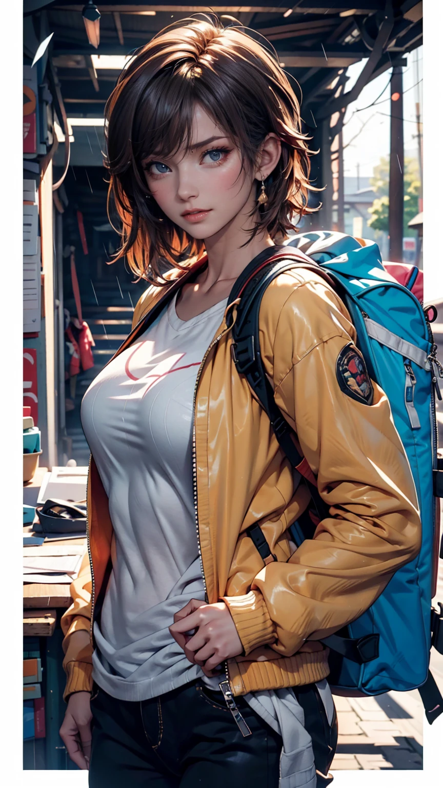 Fallout, a woman with messy brown hair, wearing a skintight vault jumpsuit, and a ragged blue metal gear bandana, brown eyes, blue jumpsuit with yellow stripes, backpack straps, fallout 3, cleavage