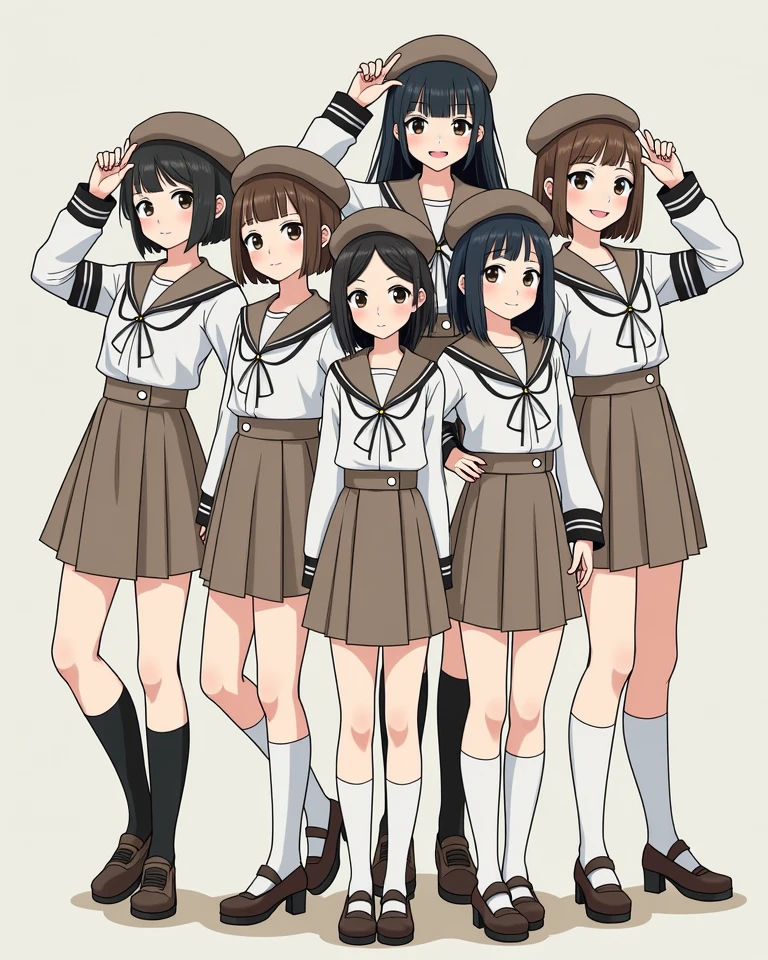 four girls stand in a row against the wall facing the wall with their legs apart, two in handcuffs behind their backs, the other two hold their hands on the wall above their heads at shoulder width, dressed in a school uniform of a tight blouse, short skirt and high heels, anime