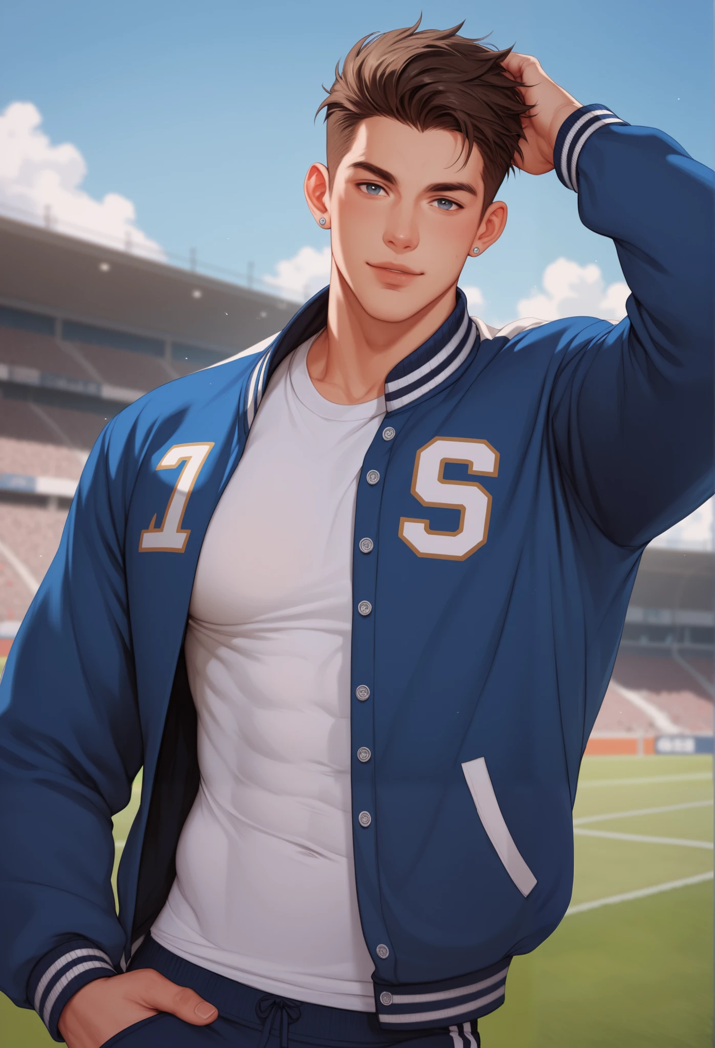 A handsome man in his 20s, an athletic build, in a letterman jacket. He is looking at the viewer. His hair is framing his face. The background is an urban football field. confident pose.