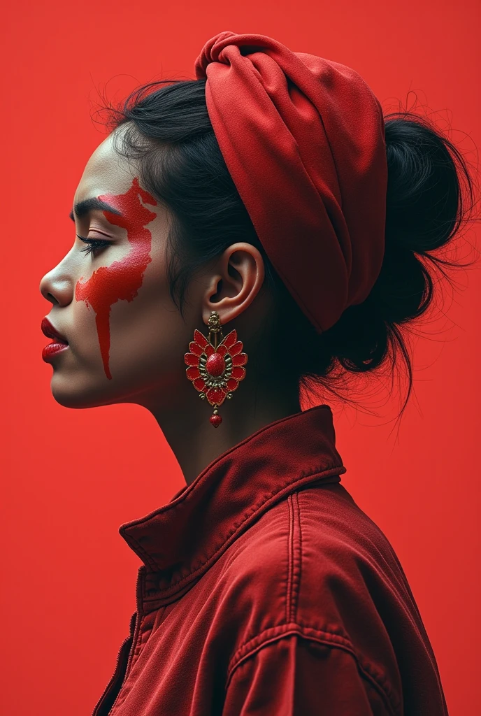 1girl, depth of field, looking at viewer, solo, red face paint, red background, nose, asian, lips, red lips, simple background