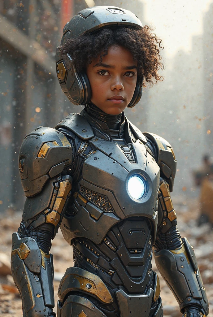 cinematic film still (magic the gathering) chrome black and gold mech with a kid prodigy pilot . shallow depth of field, vignette, highly detailed, high budget Hollywood movie, bokeh, cinemascope, moody, epic, gorgeous, film grain, grainy