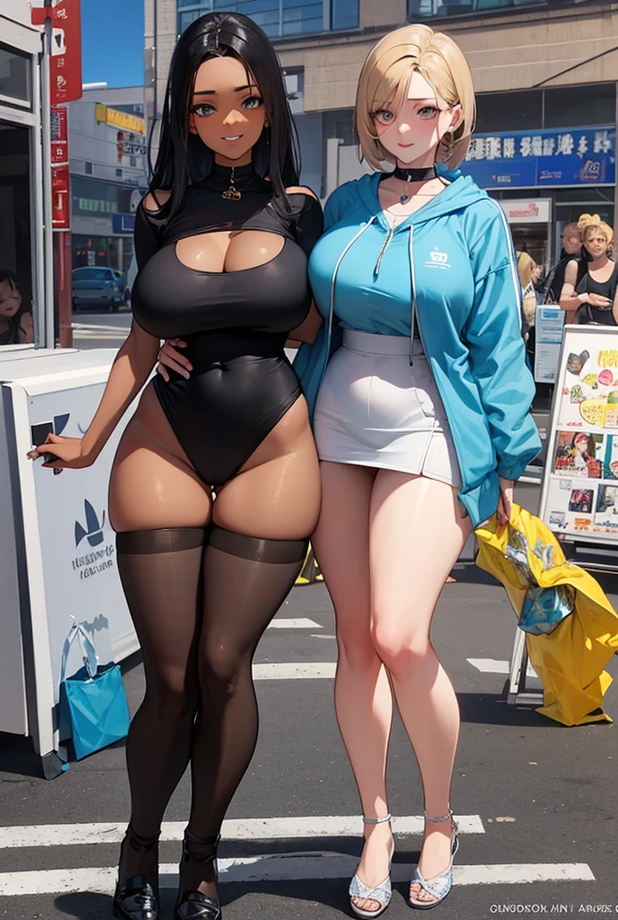 The best quality, Masterpiece, extremely detailed, High resolution, 4k, ultrahigh resolution, detailed shadows, Perfect light and shadow, Two Girls in Costumes Taking Selfies on the Street, Colorful braids, anime role playing game, Fujifilm Mixed Anime Style, big breasts, beautiful, Laugh, big buttocks, perfect erect nipples, full sexual, big hips, intricate details, Revealing vagina, bloomed shirt, showing tits, hypersexuality, hot, candy clothes, large eyes, full freckles, Full length portrait, stiletto sneakers, shiny bubbles, completely sexy, full finger, Busy city atmosphere, super toned bodies, toned belly, spectacular bodysuits, perfect sunset, completely naked, full sluts