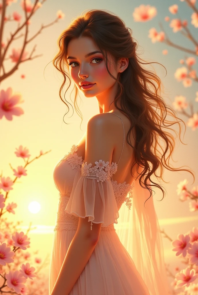 Masterpiece,(ultra detail), (detail face), (girl standing on red spider lily flower field),(showing a beautiful sky full of stars), (wedding dress), sexy, erotic, large breast, dynamic pose, beautiful, red lip, eyeshadow, smile,flowers blown by the wind, soft breeze,detailed eyes, detailed hands, detailed face, colors, flower , sexy pose, drops off milk, milk, drops of milk over, drops