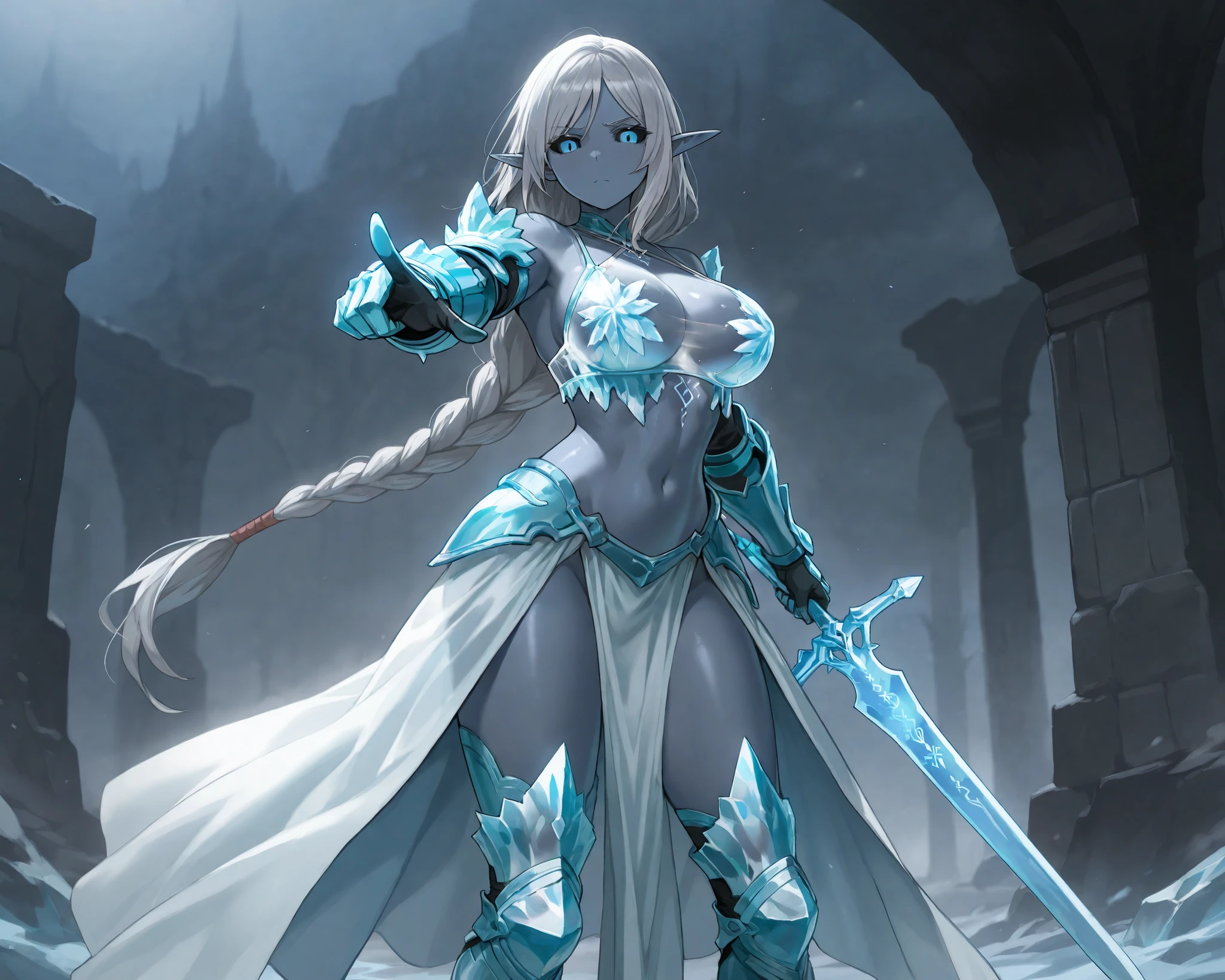 Elf female, dark grey blue skin, fitness body, great breasts,translucent ice bra,exposed abdomen, translucent ice panty, translucent armored greaves, translucent armored gauntlets,grey hair, braided long ponytail, black sclera,bright blue eyes, bright curse runes trough her body, holding a long curved sword rune blade,standing,pointing at viewer, really unexpressive face, cold look, serene expression