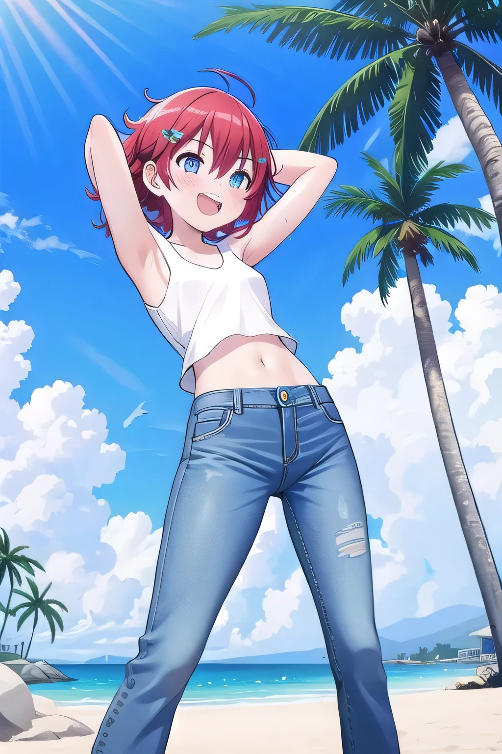 masterpiece,best quality,ultra detail, ((Perfect Face, Perfect Arms, Perfect hands, Perfect Fingers)), 1girl, , petite, ((round face, ecstasy, orgasm face, drooping eyes, shame smiling, blush)), dropping eyes, sleepy, Open mouth, ((White teeth)), background((under the beach, (day:1.2), palm tree, bright sky)), miku hatsune, ahoge, aqua eyes, (red hair:1.4), crossed bangs, hair between eyes, hair ornament, (short hair:1.4), (messy hair:1.7), ((arms behind head, hands behind head, fingers behind head)), ((contrapposto)), spread armpits, looking at viewer,, (white tank top:1.2), (white crop top:1.2), (jeans pants:1.2, flares jeans:1.2, skinny jeans:1.2, blue jeans:1.2), standing, (legs spread:1.4), sex pose, Sweaty crotch, Steam from the crotch, from below, whole body