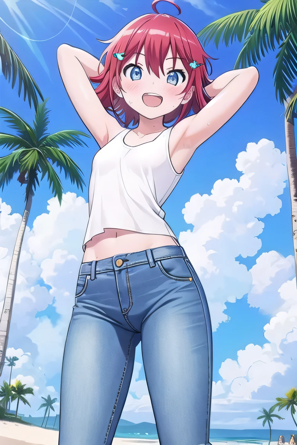 masterpiece,best quality,ultra detail, ((Perfect Face, Perfect Arms, Perfect hands, Perfect Fingers)), 1girl, , petite, ((round face, ecstasy, orgasm face, drooping eyes, shame smiling, blush)), dropping eyes, sleepy, Open mouth, ((White teeth)), background((under the beach, (day:1.2), palm tree, bright sky)), miku hatsune, ahoge, aqua eyes, (red hair:1.4), crossed bangs, hair between eyes, hair ornament, (short hair:1.4), (messy hair:1.7), ((arms behind head, hands behind head, fingers behind head)), ((contrapposto)), spread armpits, looking at viewer,, (white tank top:1.2), (white crop top:1.2), (jeans pants:1.2, flares jeans:1.2, skinny jeans:1.2, blue jeans:1.2), standing, (legs spread:1.4), sex pose, Sweaty crotch, Steam from the crotch, from below, whole body