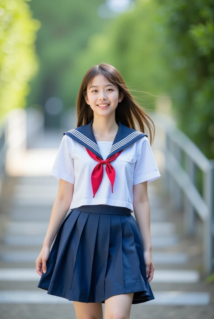 Girls Standing in Sakura Park,Navy blue sailor school swimsuit and red bow tie,1 year old,bangs,A small smile,Thighs,knees,Straight hair with barrette,From below,Front light