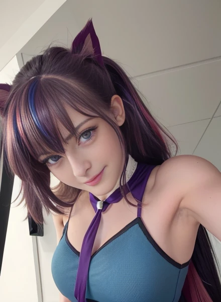 ,, junior high school girl, (huge breasts:1.4)、(Neon Purple Theme:1.2), masterpiece, highest quality, 4K, (Realistic), Bokeh, Awareness-raising,(1 perfect portrait of a girl), (A fascinating eye for perfect detail:1.2), Colorful Hair, (Gradient Hair), (Neon purple soft hair:1.6), (Cat ear:1.2), Fantasy Background, (Exposed bare shoulders), (Long-term alienation sleeve), (Lean forward slightly), Tilt your head, (Cinema Lighting:1.2), Larger clothes, (Seductive pose:1.4), (Neon Purple Background:1.6), beautiful purple eyes, close,