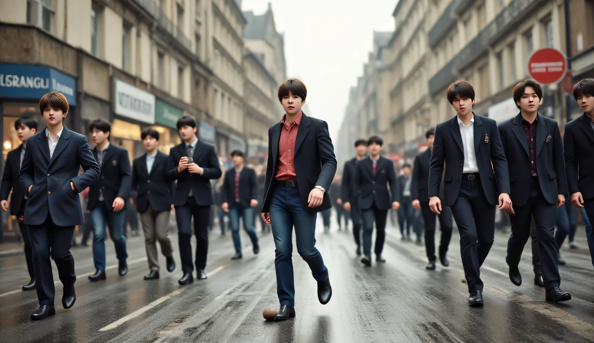 A young man with a "Rubber Soul"-era Beatles hairstyle, wearing a vintage 1960s-inspired outfit, casually kicking a small stone on a gray, rainy city street. The city is slightly blurred, evoking a melancholic yet nostalgic atmosphere. Around him, people are walking by, smiling and engaged in their own conversations, creating a contrast between his introspective mood and their cheerful energy. The scene is in soft, cinematic lighting with a slightly grainy texture, resembling an old photograph.