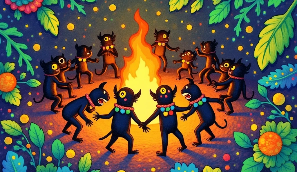 Naive art painting of many miniature demons dancing around a bonfire in the middle of the jungle. The bodies of demons are dark and their bright yellow eyes shine in the middle of the thickness of the jungle. The branches and leaves of the trees form an intricate mantle that covers the entire image. Between the leaves and branches are wild animals that are confused with the leaves and branches, such as snakes, head of jaguars, monkeys, tucanes and tsarigueyas. The miniature demons have precious stones necklaces that squeeze their necks. Colorful bracelets in the arms and legs. They dance barefoot moving the whole body and raising their arms. The background is fullfilled with leaves and trees branches and fireflies. 