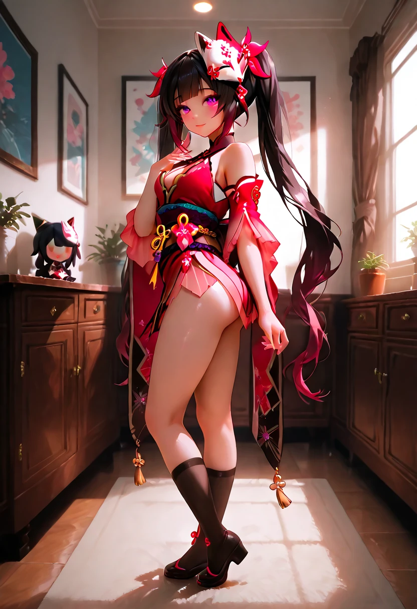 Keqing(the original god),Lift your skirt with both hands,Expose off your underwear,The reveal panties,Show your arms,Be red in the face,Open-mouthed,Stick out your tongue