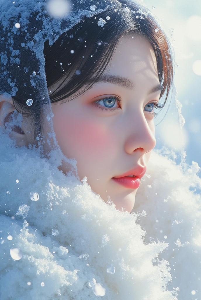 snowscape、Snow powder、Close up of smiling looking up、Close up of smiling looking up、Close up of smiling looking up、Facing the front、(masterpiece、realisitic、hight resolution)、(1 girl in):1.2)、Do-Up Eye、Korean Girl、(Best Quality), (masutepiece), (1girl in), Solo, Beautiful Girl, Perfect face, Big Breast,dreamlikeart、Highly detailed airbrush art(((Surreal))、intricate detailes、Volumetric lighting、(masterpiece:1.2)、(top-quality)、The ultra-detailliert、(The composition of the movement:1.4)、Highly detailed colorful details、(Bright lighting、Atmospheric lighting)、Magical、dynamic compositions、Ray traching、The mirror reflects light、Shallow depth of field、ultra-detailliert、mixing exposure、nffsw、Super masterpiece、Her eyes are glowing red、Silvery hair、Her face is full of anticipation and courage for adventure.、A smile comes to her lips、An air full of smiles and adventurous spirit、At the rear、Powder snow is falling on the snowy mountains。Its light brings the light of powder snow、Swaying powder snow creates a beautiful scenery..。Her courage and determination are condensed.、Eye-catching presence。Her eyes are shining。Powder snow、Powder snow