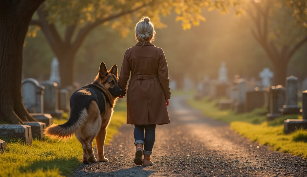 Photorealistic 16K image of Maggie walking back down the gravel path from the cemetery, Orion a large German Shepherd walking beside her, close enough for his shoulder to brush her leg. Their bond is clear — protector and companion. Sunlight streams through the trees, the graveyard fading into the background. Strong emotional closure, ultra-sharp focus.