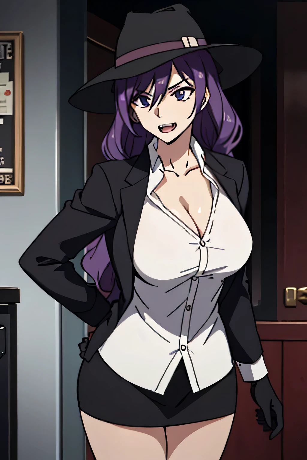 27 year old woman, tall and big body, wearing white shirt, wearing black short skirt, wearing black wide brim hat, purple hair color, slightly curly hair, has fangs, criminal, sexy, two buttons of shirt open, psychopath, wearing black gloves, facing forward