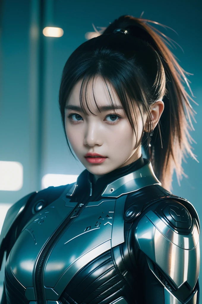 masterpiece,Game Art,Best image quality,Highest Resolution,8k,(Portraiture),Unreal Engine 5 rendering,(Digital photography),((Portraiture Feature:1.5)),20-year-old girl,Short Hair Details,Long Bangs,(The red eye makeup is very careful),(of long gray hair:1.4),(big, Ample breasts),Elegant and noble,Brave and attractive,(Futuristic armor combines features of ancient Chinese armor,Hollow Design,Power Armor,Mystical oriental runes,Delicate dress patterns,Magical inspiration),Future Warrior,cyberpunk figures,war background,Cinema Lighting,Ray Tracing,Game CG,((3D Unreal Engine)),OC Rendering Reflective Pattern,one person