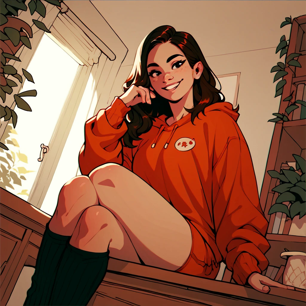 moana, dark skin, long black hair, brown eyes,red sweater, white short shorts, looking at viewer, smiling, happy, blush, sitting, on sofa, hugging legs, inisde cozy living room, door, ocean, night, high quality, masterpiece, <lora:Moana_v1:.8>