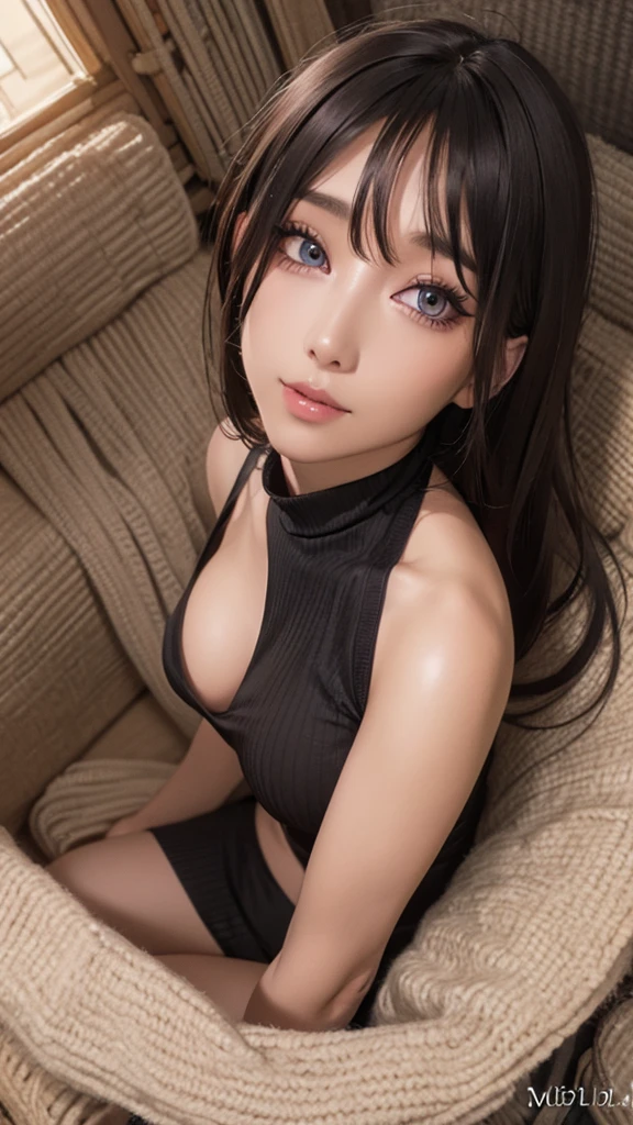 girl, solo, face of disgust, black hair, long hair, blue eyes, looking at viewer, sitting, nude, naked, ((nipple)), ((breasts milk)), large breast, showing breasts, pussy, cum on body, sweated, cum in pussy, smile