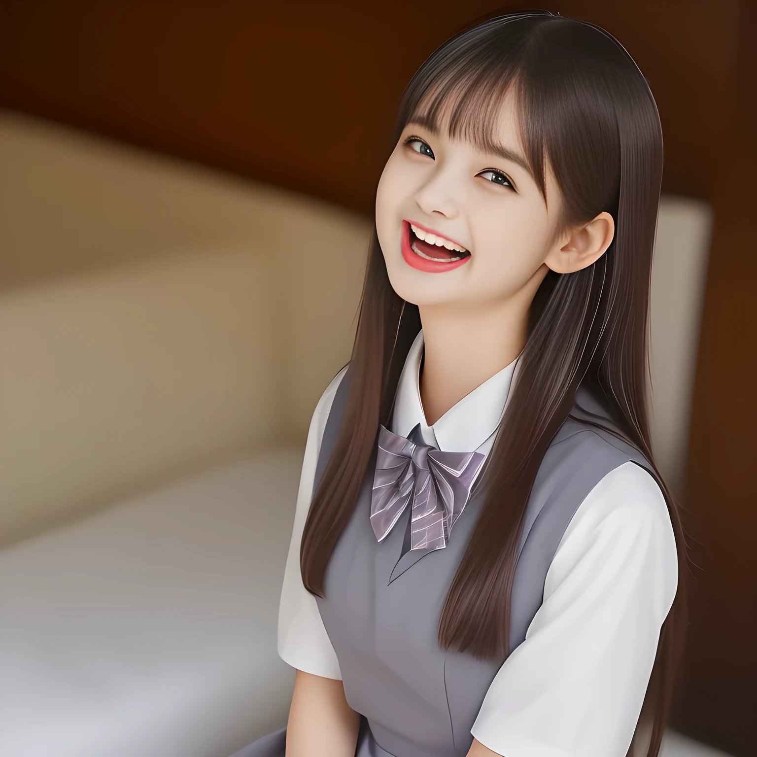 (highest quality, masterpiece, high resolution:1.2), 4K, (Photo quality detailed foreground: 1.2), geometry, (Two 14yo succubi of Cute noble beautiful slender girl girly very-long-hair Japanese photo model are seated on a gorgeous lascivious grand bed and looking at the viewer with her too beautiful eyes like laughing fashion model: 1.3), (Using expensive face-whitening cosmetics to make her skin more beautiful and pure by professional makeup artist: 1.5), (devious girlish fascinating laughter in bliss, devious girlish pose: 2.0), Laughing cutely, ((Dark blue) Japanese school girly vest Uniform with neat girly light-yellow short-sleeves school blouse, puffed short sleeves: 1.2), (white socks and school loafers, kicking back: 1.5), (Dark red glossy glossy school ribbon on the breast: 1.0), (Extremely laughing cheeks: 1.8), (Beautiful light-amber large clear open eyes with balanced and detailed cutely: 1.4), (double eyelids: 1.0), (highly curled bangs: 1.2), (Expressing the greatest joy with her whole body: 1.2), (Glossy lips: 1.0), (too long very straight hair reaches her hips: 1.7), (cute earrings), (making the viewer crazy with her beautiful hands: 1.6), (white and clear skin: 1.0), (Laughing 13yo cute princess's eyes looking at me: 0.8), (Very shy, cute, slender, pretty, pretty, too girly & Girlish: National Beautiful Girl Grand Prix winners: 2.0), (Everything is organized to have strong effect of hypnosis for the viewer to fall into happy dream with many beautiful girls: 1.5), (The viewer must be transferred to the world of only beautiful girls right now when he sees the eyes of girls in the picture: 2),(Tight waist, slender: 1.5), (The neat girls know well about the viewer's super fetishism for school uniforms, and satisfies it completely: 1.9),