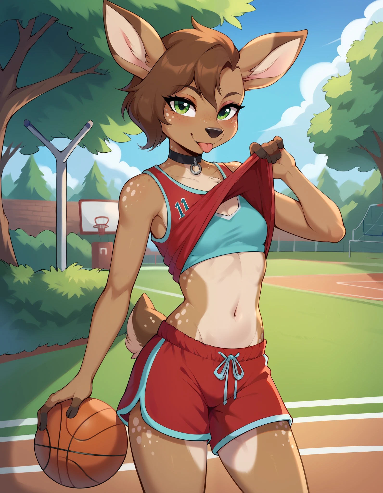 lotte, deer girl, furry female, body fur, animal nose, snout, animal ears, green eyes, brown hair, short hair, freckles,, chocker, crop top, sport bra, sport_bra, sport shorts, Basketball uniform, navel, midriff, Basketball shirt, shorts, park, park background, tongue, tongue out, solo, one character, character alone, red uniform, red clothes, small breasts, small chest, lifting shirt, lift shirt,