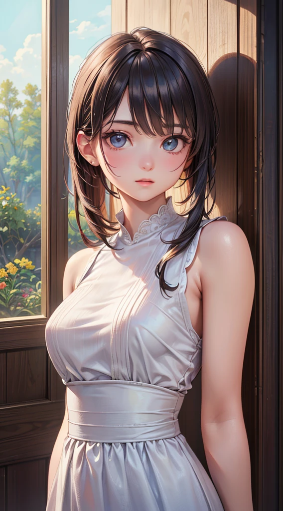 ((masterpiece, best quality)),((high resolution:1.3)), 1 Girl, solo, Cowboy Shot, Blurred Background, silky hair, (((Small breasts:1.3))), Thighs, (mini dress), ((show underwear)), ((dress lift))