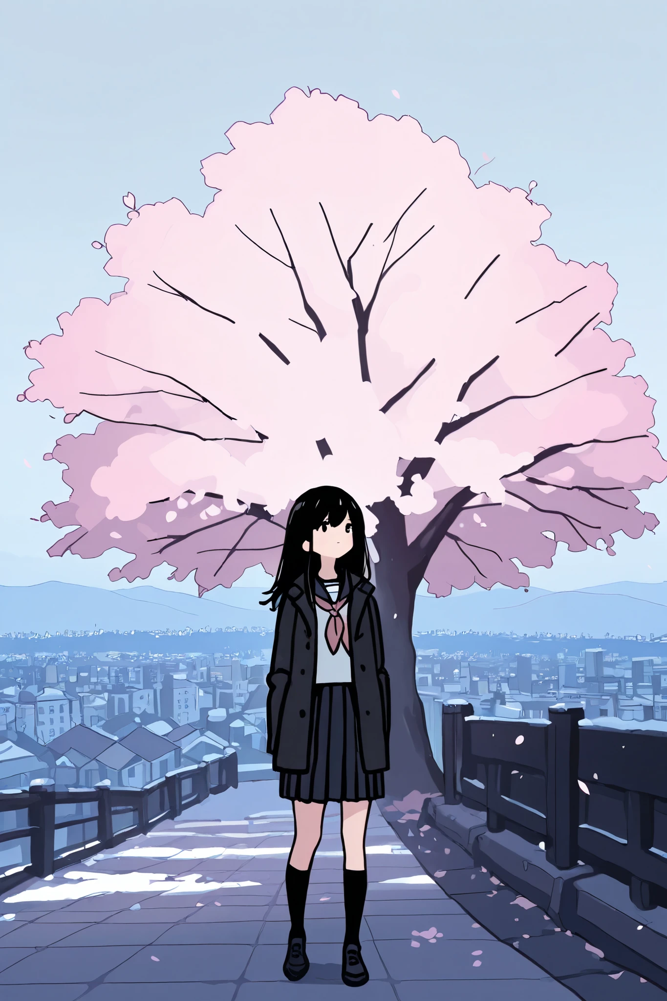 masterpiece, best quality, highest resolution, 1 girl,solo, long hair,black hair,cherry blossoms, snowy city background, wide view, neckerchief, coat, skirt