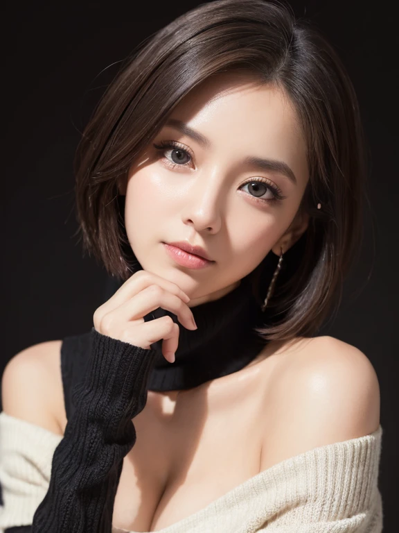 (masuter piece:1.3), (8K, Photorealsitic, Raw photography, top-quality: 1.4), (1girl in), beautiful countenance, (Lifelike face), (A dark-haired, short-hair:1.3), Beautiful hairstyle, realisticeyes, Beautiful details, real looking skin, Beautiful skins, Sweaters, absurderes, enticing, 超A high resolution, A hyper-realistic, high-detail, the golden ratio