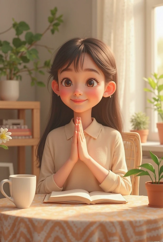 Girl who loves Jesus prays and reads the Bible. The girl is small, she's a ???. A menina tem apenas 5 anos de idade. A menina tem a pele marrom, olhos pretos, grandes e brilhantes. The girl is happy. The girl embraces the Bible.