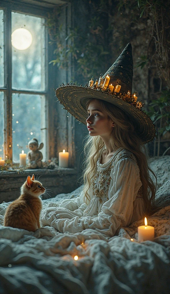 A beautiful witch girl with her candle hat sitting on the bed in an old ...