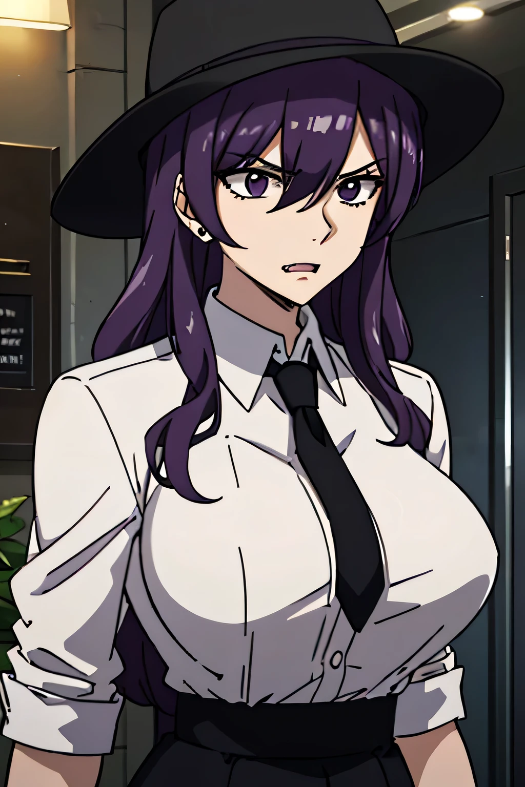 27 year old woman, tall and big body, criminal face, wearing white shirt, wearing black short skirt, wearing black wide brim hat, purple hair color, slightly curly hair, has fangs, criminal, sexy, two buttons of shirt open, psychopath, wearing black gloves, facing forward