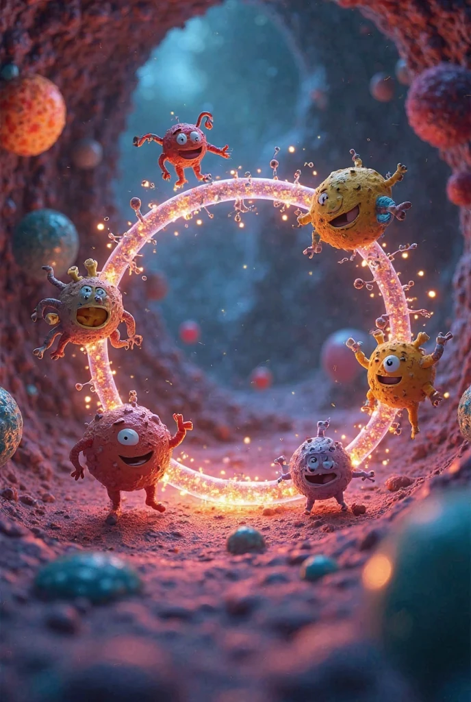 Can you help me by making an animated image that has a timeline showing the evolution of cells?, with an arrow pointing to a big, happy eukaryotic cell, surrounded by symbiotic bacteria 