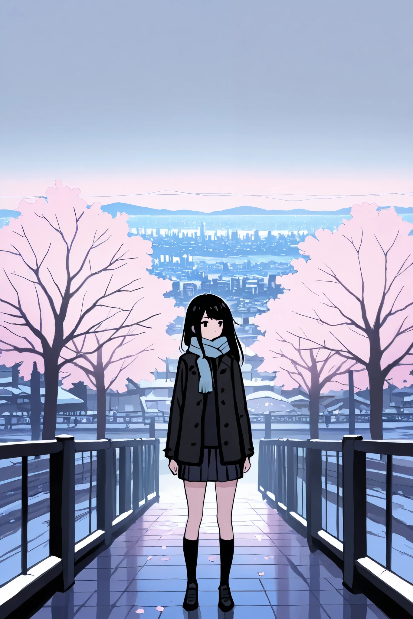 masterpiece, best quality, highest resolution, 1 girl,solo, long hair,black hair,cherry blossoms, snowy city background, wide view, scarf, coat, skirt