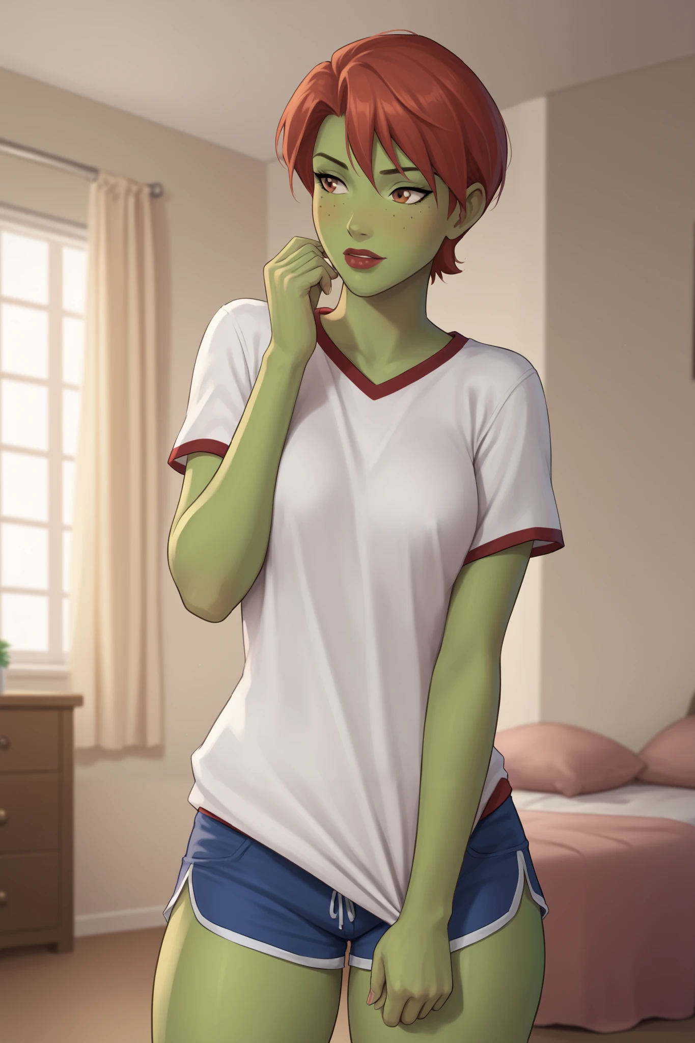 PonyXLV6_Scores BREAK (perfect anatomy, perfect eyes), BREAK mgann morzz, short hair, red hair, colored skin, green skin, freckles, brown eyes, makeup, lipstick, flirting, oversized baggy t-shirt, pajama short shorts, curvy, standing, indoors, thick thighs