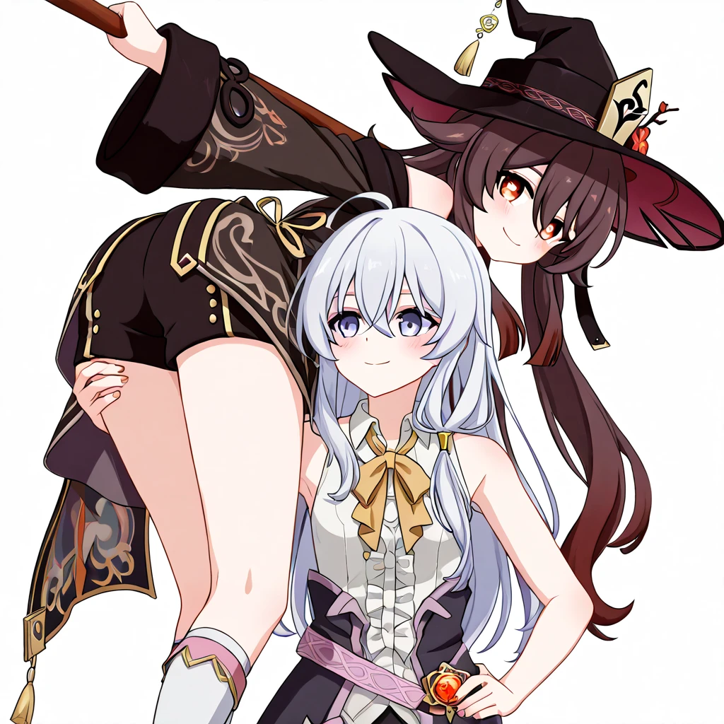 score_9,score_8_up,score_7_up,2girls, multiple girls, character: Elaina (Majo no Tabitabi), character: Hu Tao - (Genshin Impact), carrying, white background, simple background, carrying, blush, smile, closed mouth, looking back, sleeveless, shoulder carry, carrying over shoulder,