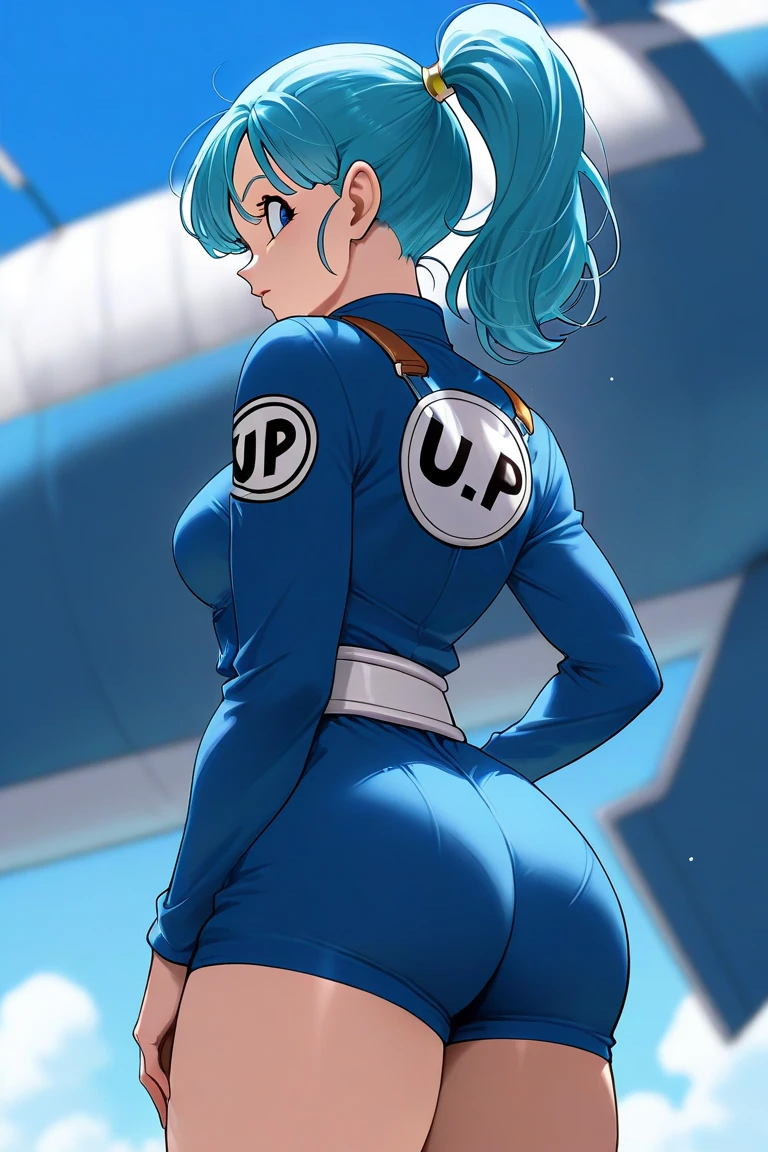 high definition, 8K, detailed face, grabbing her ass, touching her ass, showing her ass, Bulma from dragonball z, Deep blue eyes, ((white see through thong)), spa, (large breasts)), slim and thin, body of equal proportions, ((focus on her ass)), back view, four fingers and 1 thumb, ((2 hands)), Blue hair, Beautiful smile, Smiling at viewer, blushing cheeks,