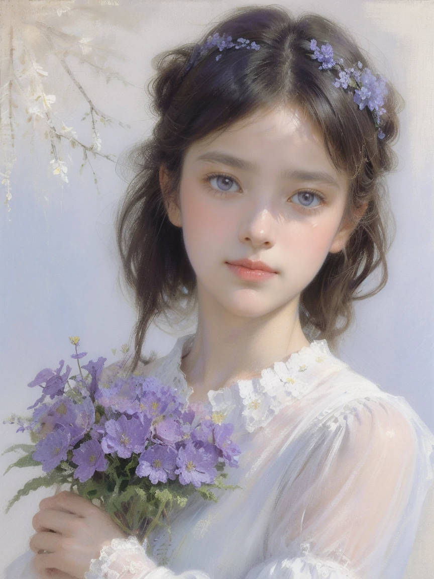 Best quality,masterpiece,1girl,beautiful_face,eyebrows_visible_through_hair,lily_\(flower\),dress,holding_flower,from_side,