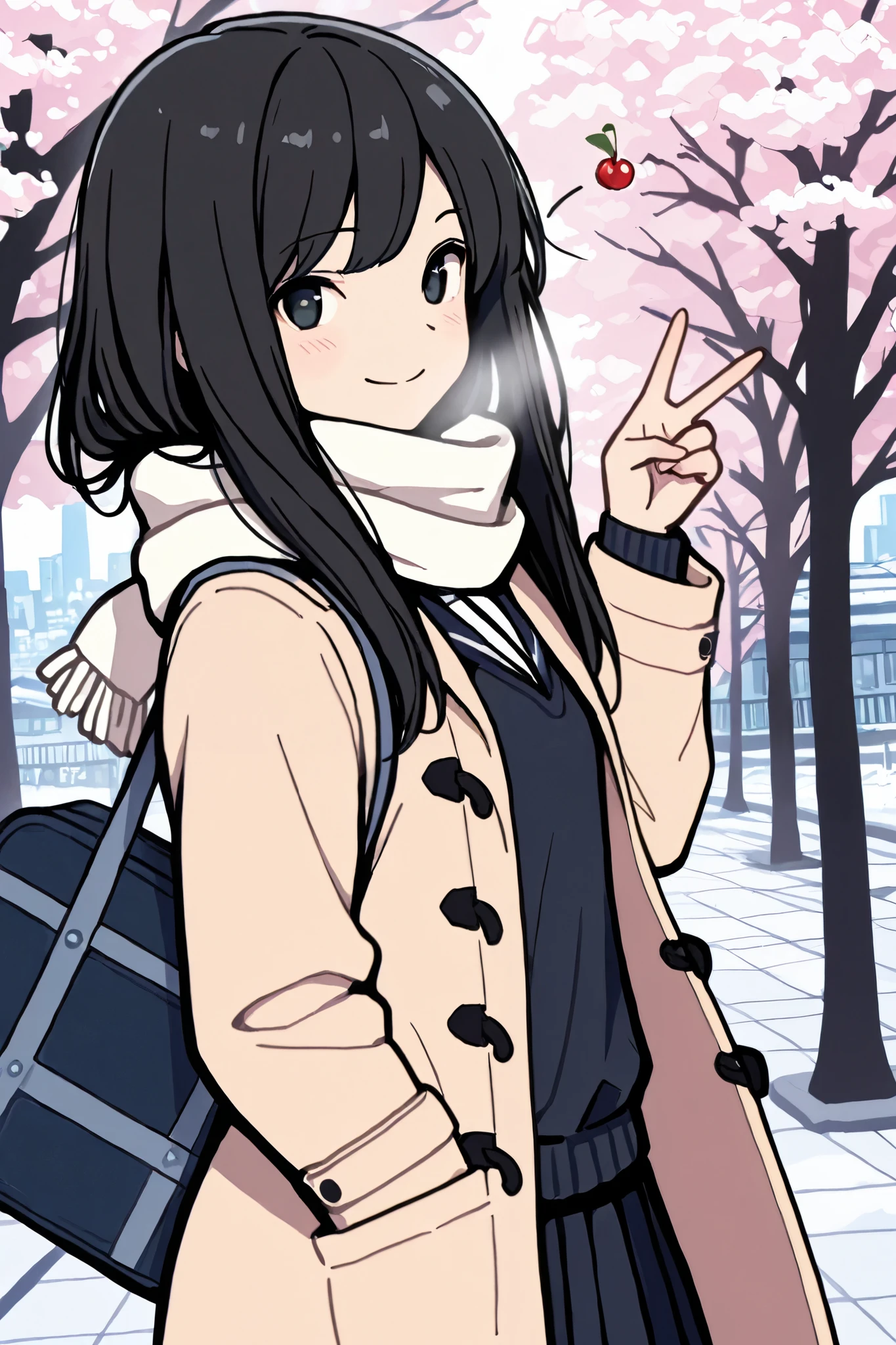 masterpiece, best quality, highest resolution, 1 girl, long hair,black hair,cherry blossoms, snowy city background, scarf, coat, school uniform, victory sign, smile, proud face, take picture with friends