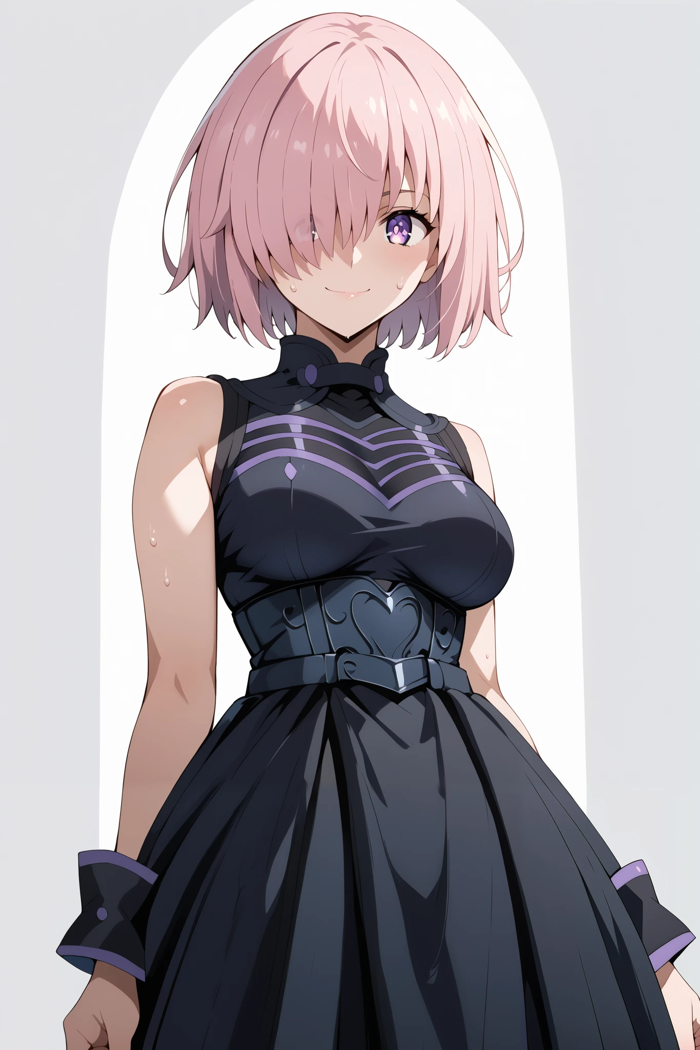 score_9, score_8_up, score_7_up, source_anime, 4K,perfect fingers,(perfect hands, perfect anatomy),prefect lighting, very aesthetic, intricate details,highly detailed background, masterpiece, high quality, best quality,
1girl, mashkyrielight, mash kyrielight, short hair, purple eyes, pink hair, hair over one eye, large breast,
wearing ((pretty Black dress, ))
sweating, ((white plain background)), standing,looking at viewer,evil smirk,((front look:1.5)),